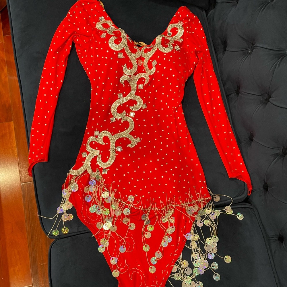 Red ballroom Competition dance dress with rhinestones.